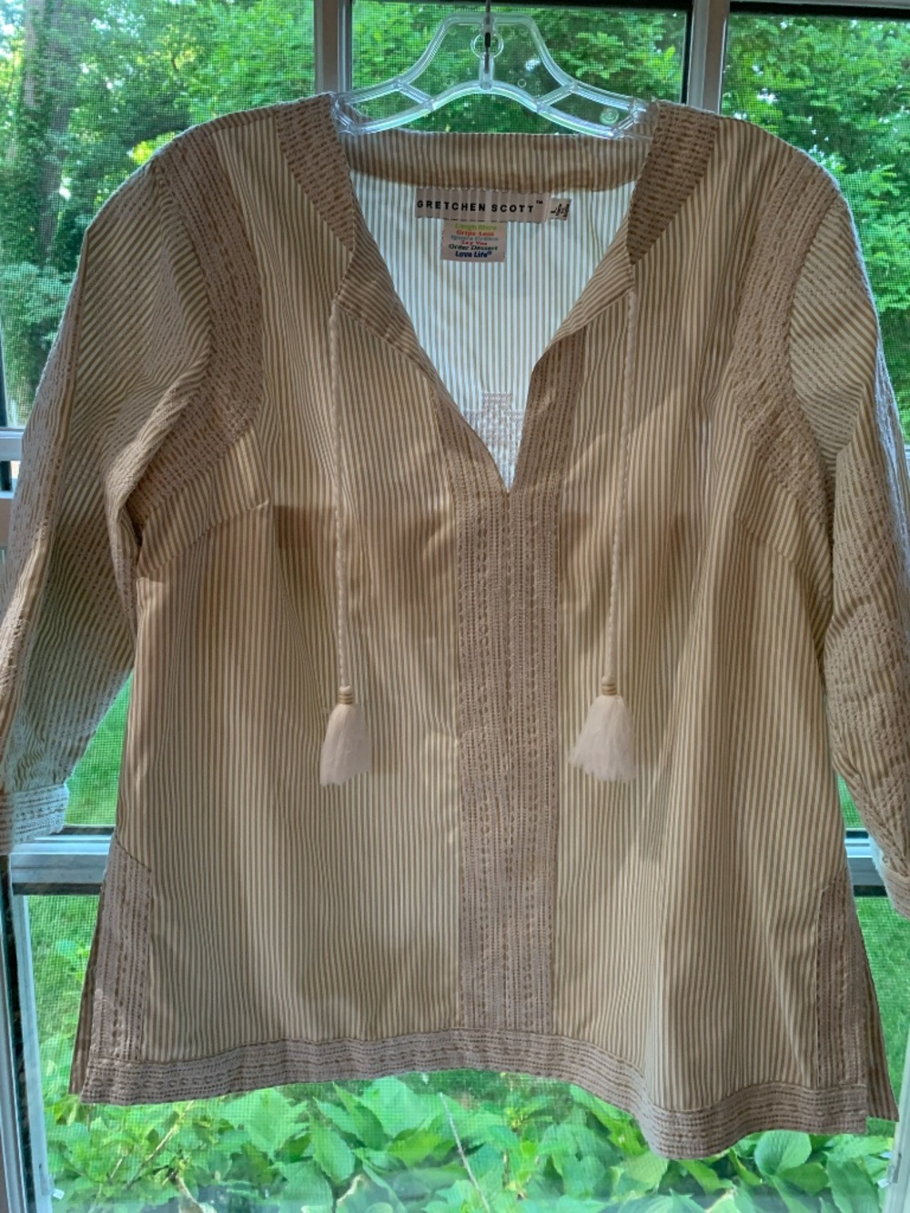 Gretchen Scott Designs Embroidery Tan Pinstripe Tunic with Tassels